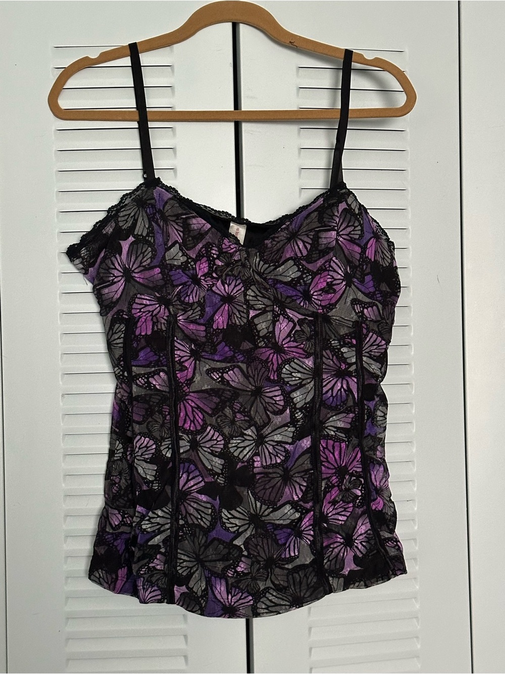 No Boundaries Purple and Black Butterfly Lace Trim Cami